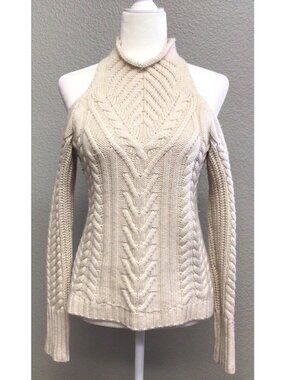 Intermix Womens Wool Cashmere Cable Knit Cold Shoulder Sweater Beige Size Small